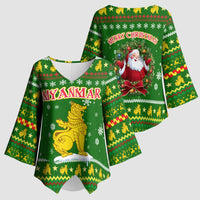 Myanmar Christmas Kimono Sleeve Blouse with Green-Gold Theme, Chinthe Lion, and Santa Motif - Wonder Print Shop