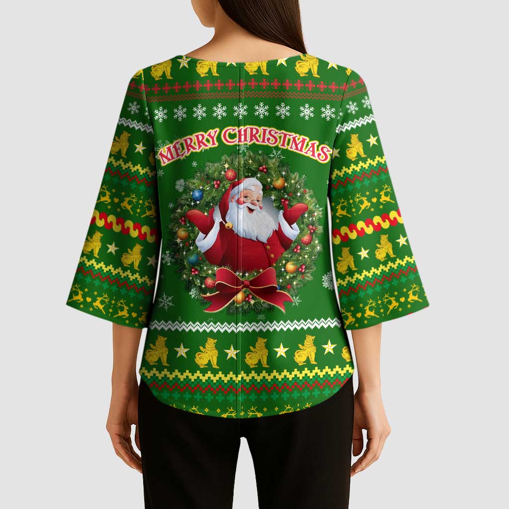 Myanmar Christmas Kimono Sleeve Blouse with Green-Gold Theme, Chinthe Lion, and Santa Motif - Wonder Print Shop