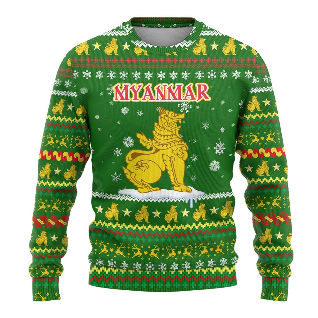 Myanmar Christmas Ugly Christmas Sweater with Green-Gold Theme, Chinthe Lion, and Santa Motif - Wonder Print Shop