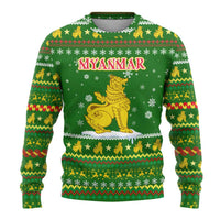 Myanmar Christmas Ugly Christmas Sweater with Green-Gold Theme, Chinthe Lion, and Santa Motif - Wonder Print Shop