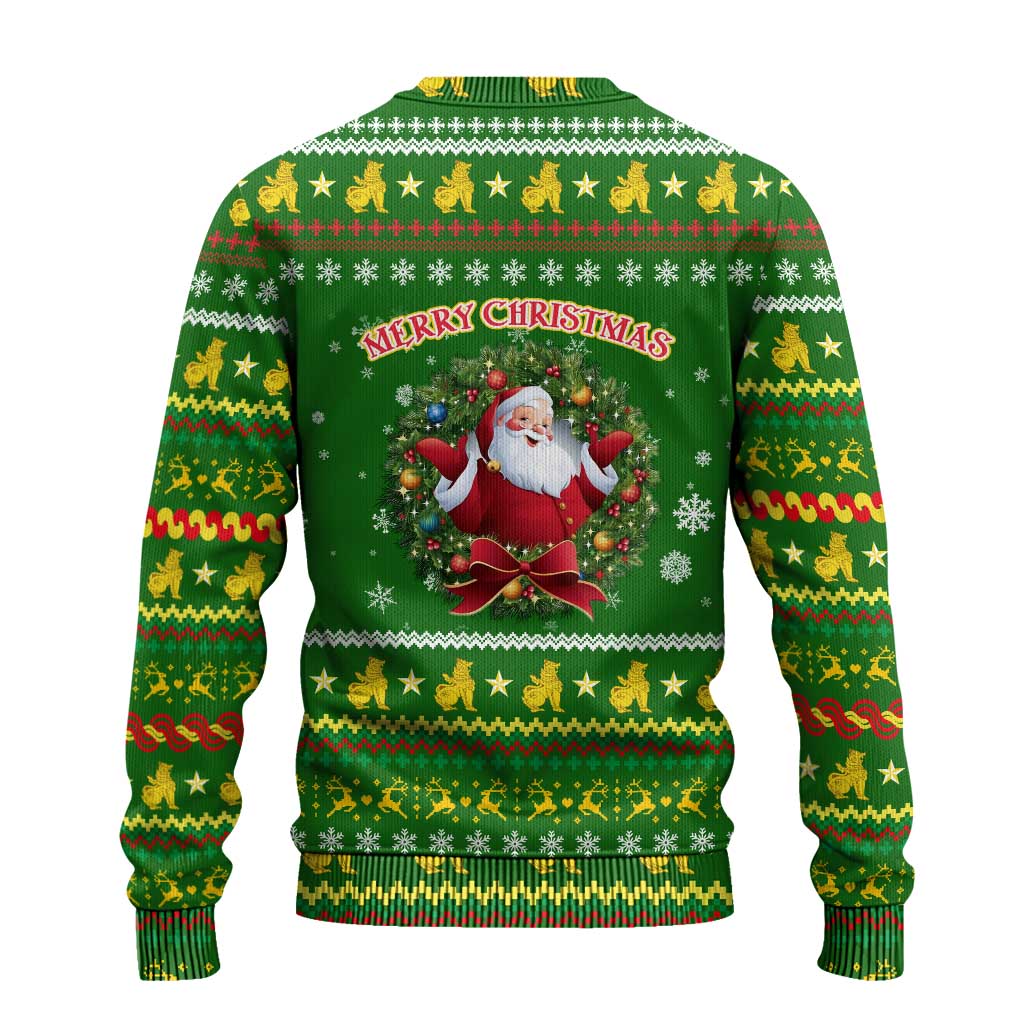 Myanmar Christmas Ugly Christmas Sweater with Green-Gold Theme, Chinthe Lion, and Santa Motif - Wonder Print Shop