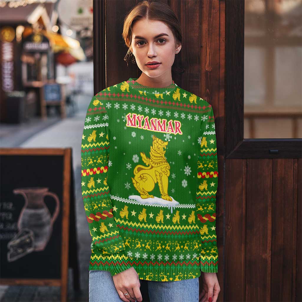 Myanmar Christmas Ugly Christmas Sweater with Green-Gold Theme, Chinthe Lion, and Santa Motif - Wonder Print Shop