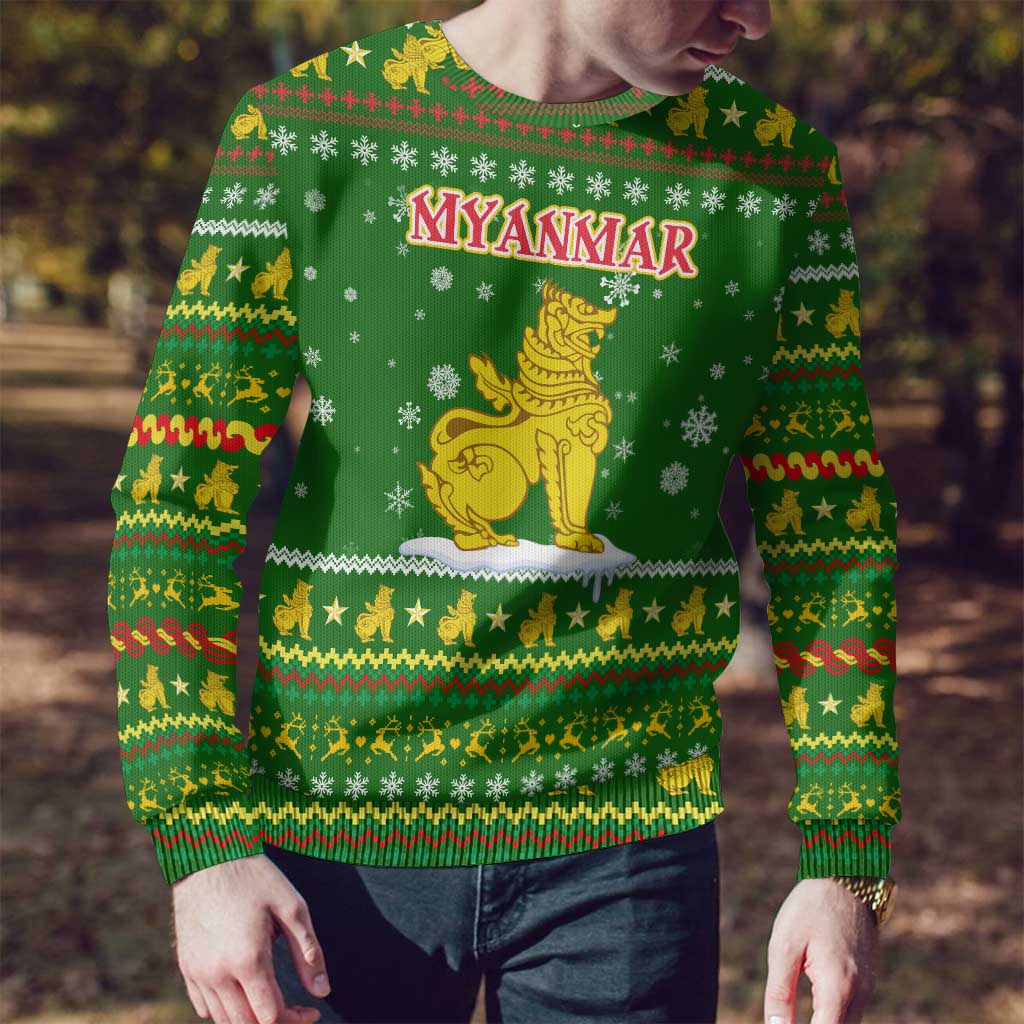 Myanmar Christmas Ugly Christmas Sweater with Green-Gold Theme, Chinthe Lion, and Santa Motif - Wonder Print Shop