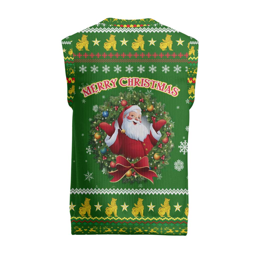 Myanmar Christmas Knitted V-Neck Vest with Green-Gold Theme, Chinthe Lion, and Santa Motif - Wonder Print Shop
