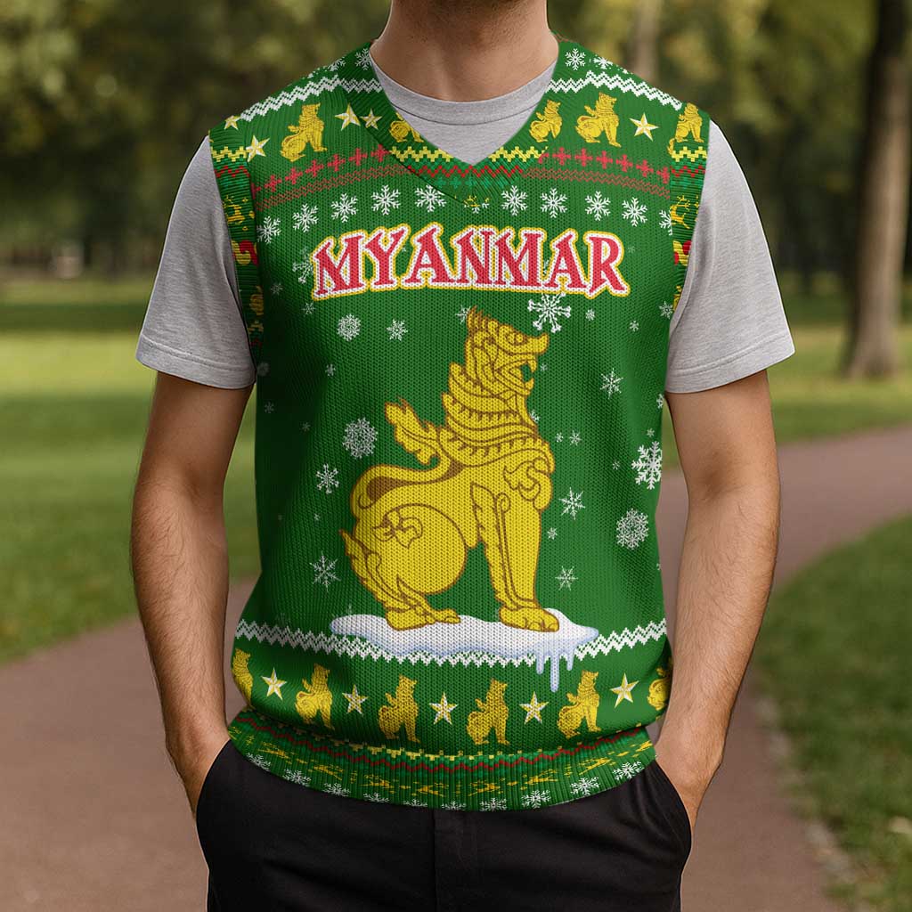 Myanmar Christmas Knitted V-Neck Vest with Green-Gold Theme, Chinthe Lion, and Santa Motif - Wonder Print Shop