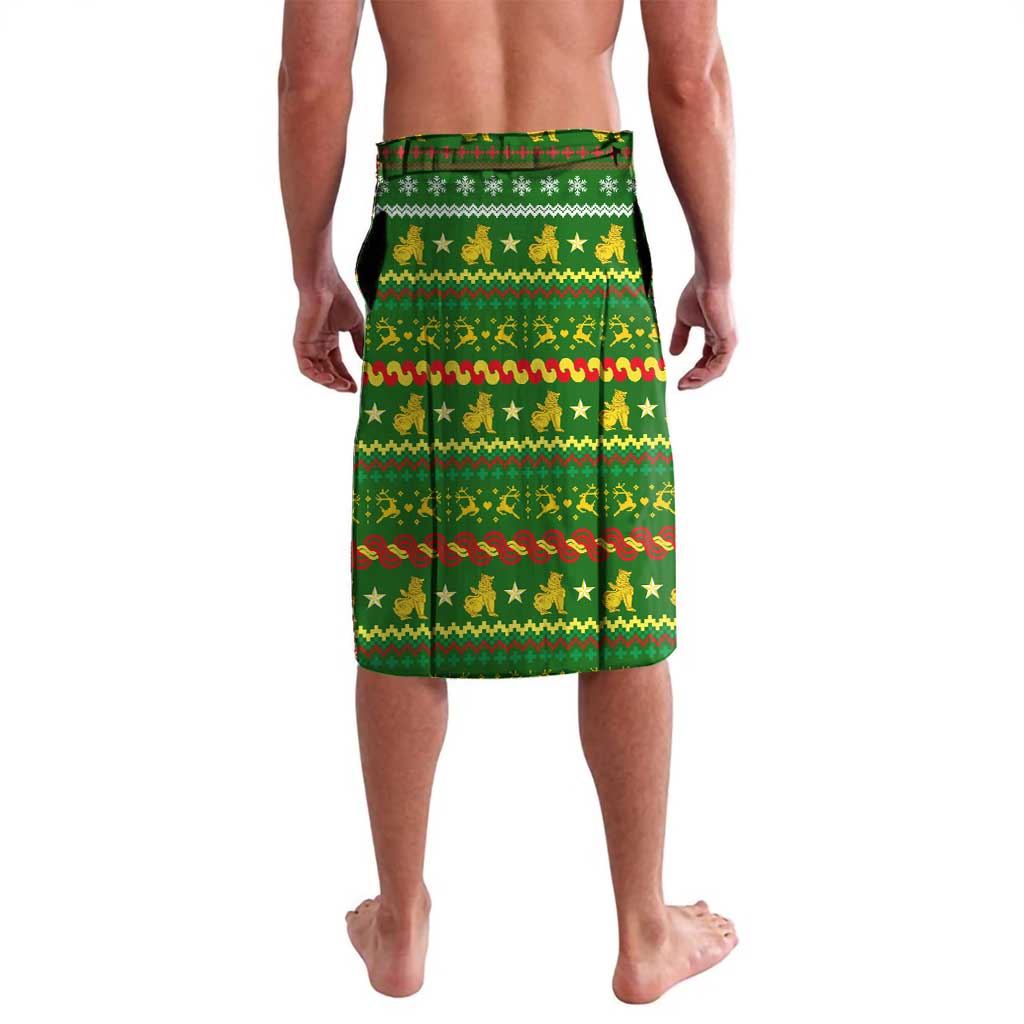 Myanmar Christmas Lavalava with Green-Gold Theme, Chinthe Lion, and Santa Motif - Wonder Print Shop