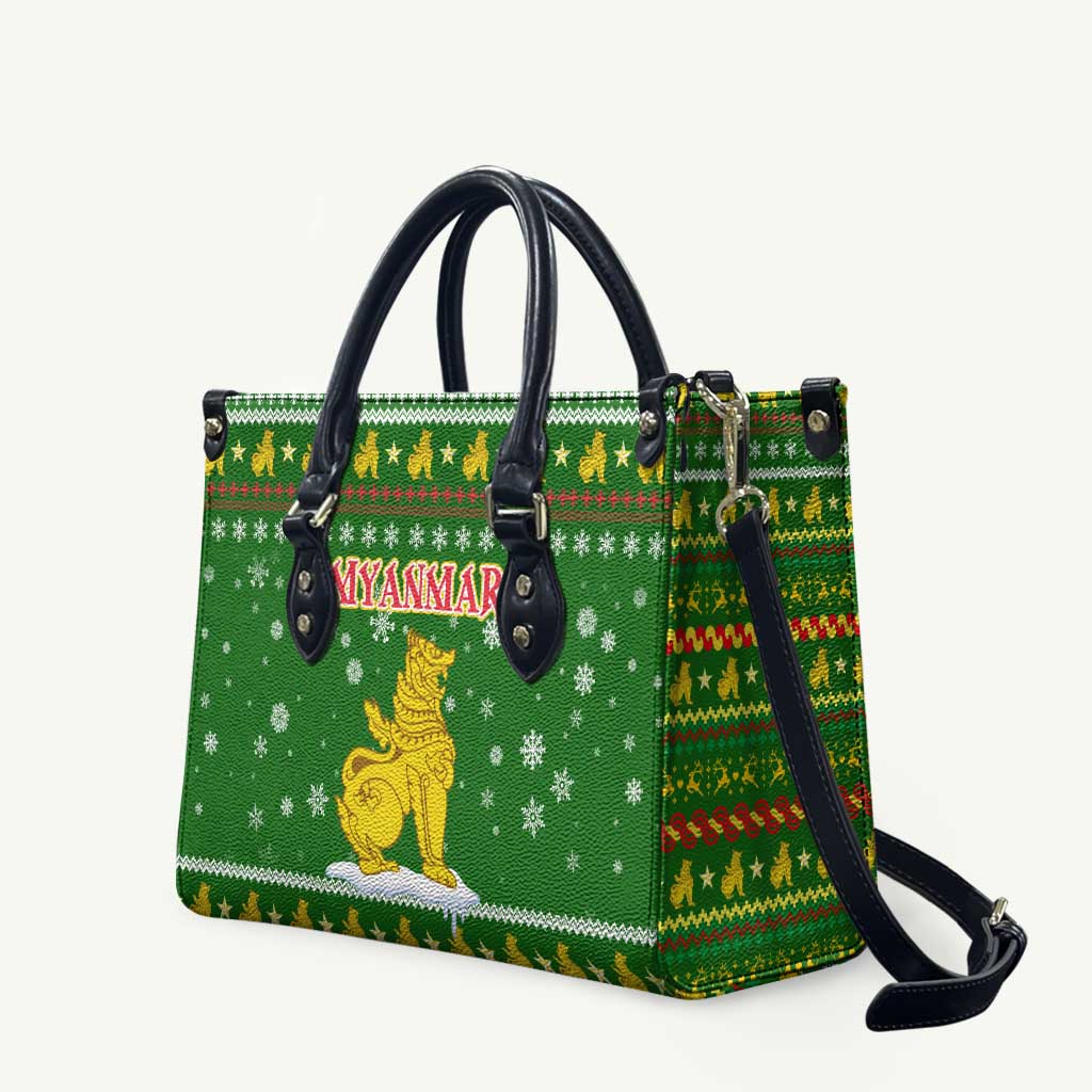 Myanmar Christmas Leather Bag with Green-Gold Theme, Chinthe Lion, and Santa Motif - Wonder Print Shop