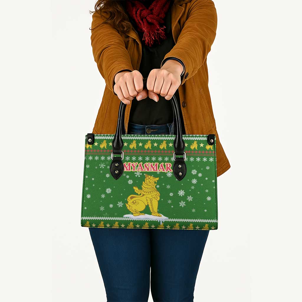 Myanmar Christmas Leather Bag with Green-Gold Theme, Chinthe Lion, and Santa Motif - Wonder Print Shop