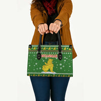 Myanmar Christmas Leather Bag with Green-Gold Theme, Chinthe Lion, and Santa Motif - Wonder Print Shop
