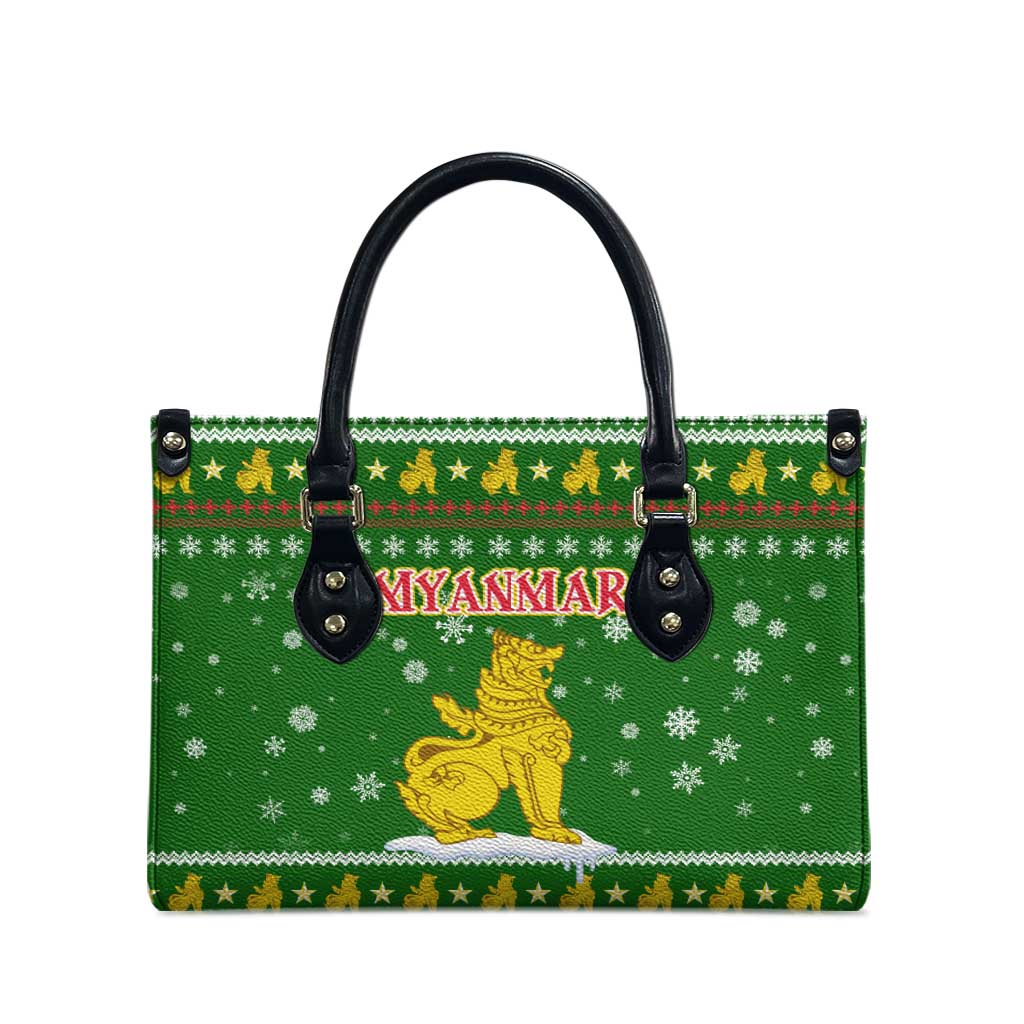 Myanmar Christmas Leather Bag with Green-Gold Theme, Chinthe Lion, and Santa Motif - Wonder Print Shop