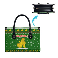 Myanmar Christmas Leather Bag with Green-Gold Theme, Chinthe Lion, and Santa Motif - Wonder Print Shop