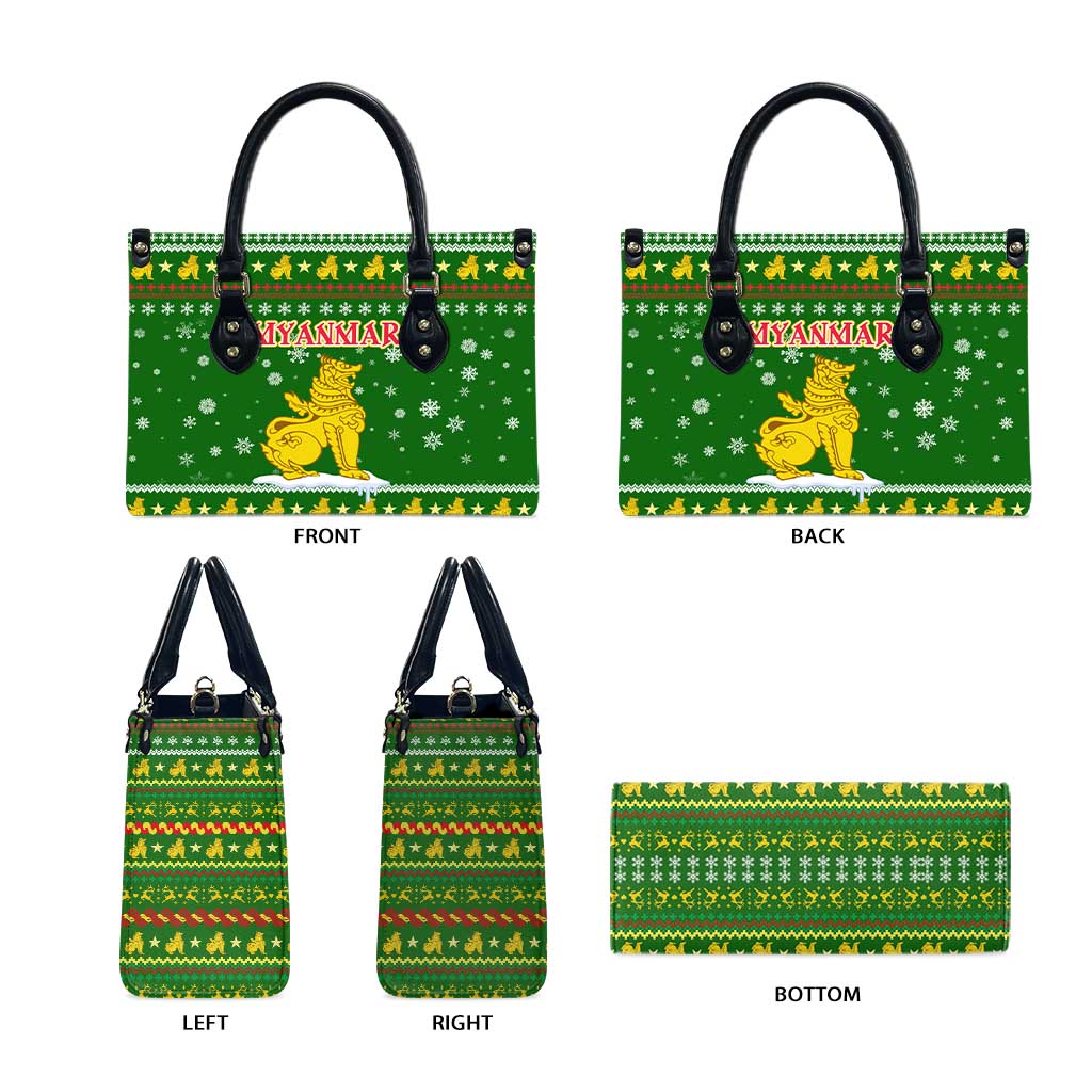 Myanmar Christmas Leather Bag with Green-Gold Theme, Chinthe Lion, and Santa Motif - Wonder Print Shop