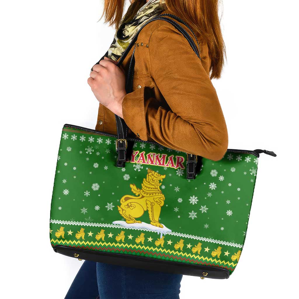 Myanmar Christmas Leather Tote Bag with Green-Gold Theme, Chinthe Lion, and Santa Motif - Wonder Print Shop