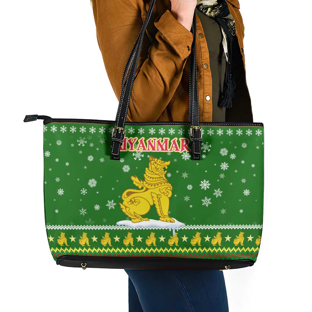 Myanmar Christmas Leather Tote Bag with Green-Gold Theme, Chinthe Lion, and Santa Motif - Wonder Print Shop