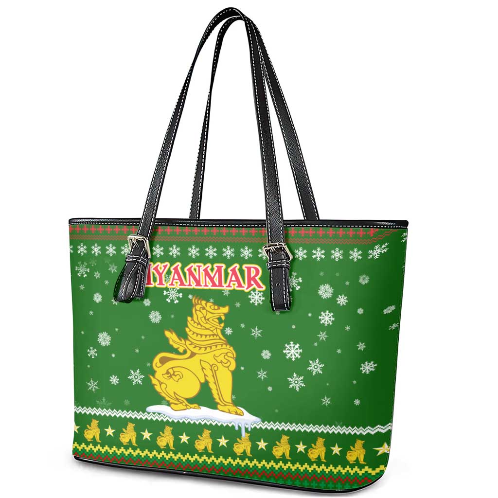 Myanmar Christmas Leather Tote Bag with Green-Gold Theme, Chinthe Lion, and Santa Motif - Wonder Print Shop