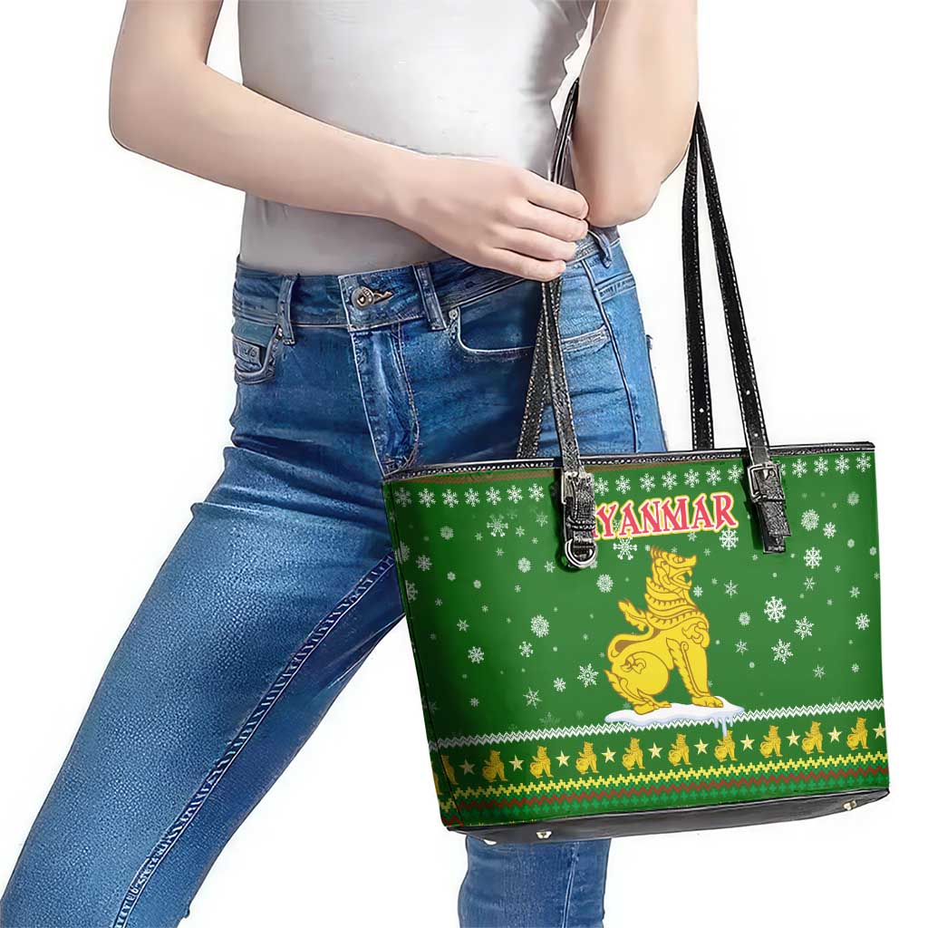 Myanmar Christmas Leather Tote Bag with Green-Gold Theme, Chinthe Lion, and Santa Motif - Wonder Print Shop