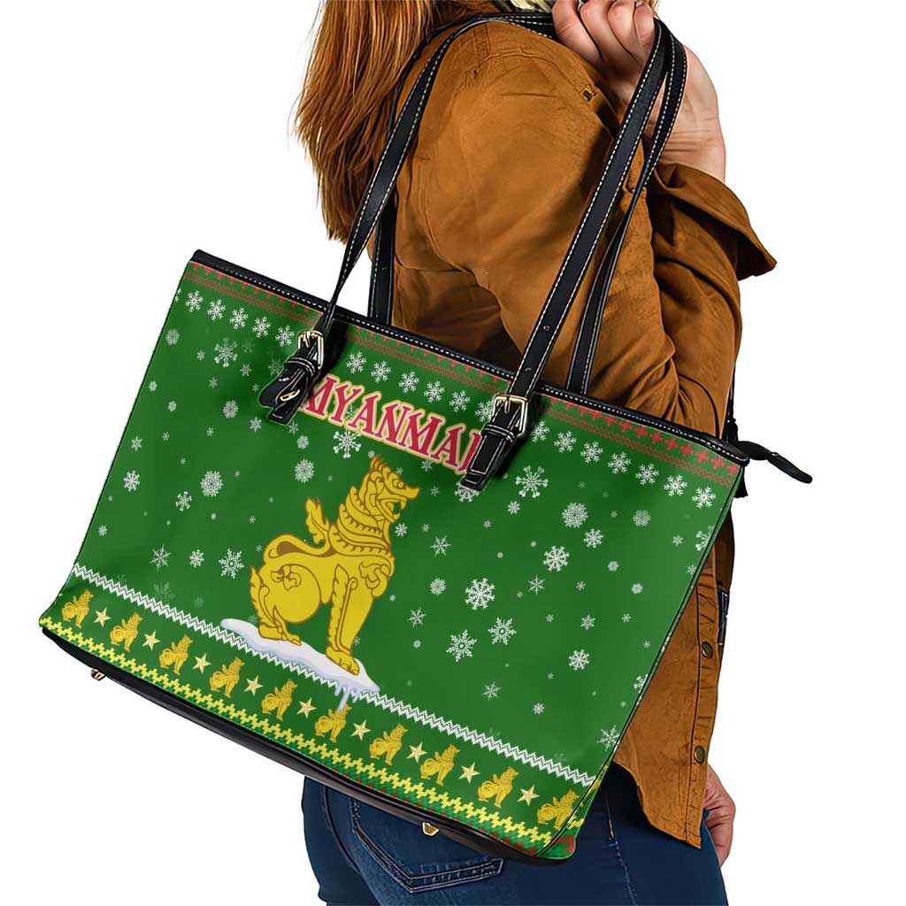 Myanmar Christmas Leather Tote Bag with Green-Gold Theme, Chinthe Lion, and Santa Motif - Wonder Print Shop