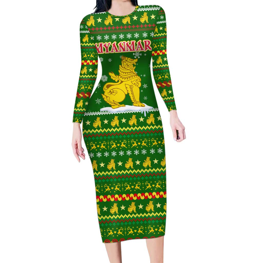 Myanmar Christmas Long Sleeve Bodycon Dress with Green-Gold Theme, Chinthe Lion, and Santa Motif - Wonder Print Shop