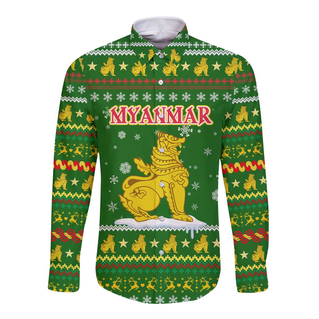 Myanmar Christmas Long Sleeve Button Shirt with Green-Gold Theme, Chinthe Lion, and Santa Motif - Wonder Print Shop