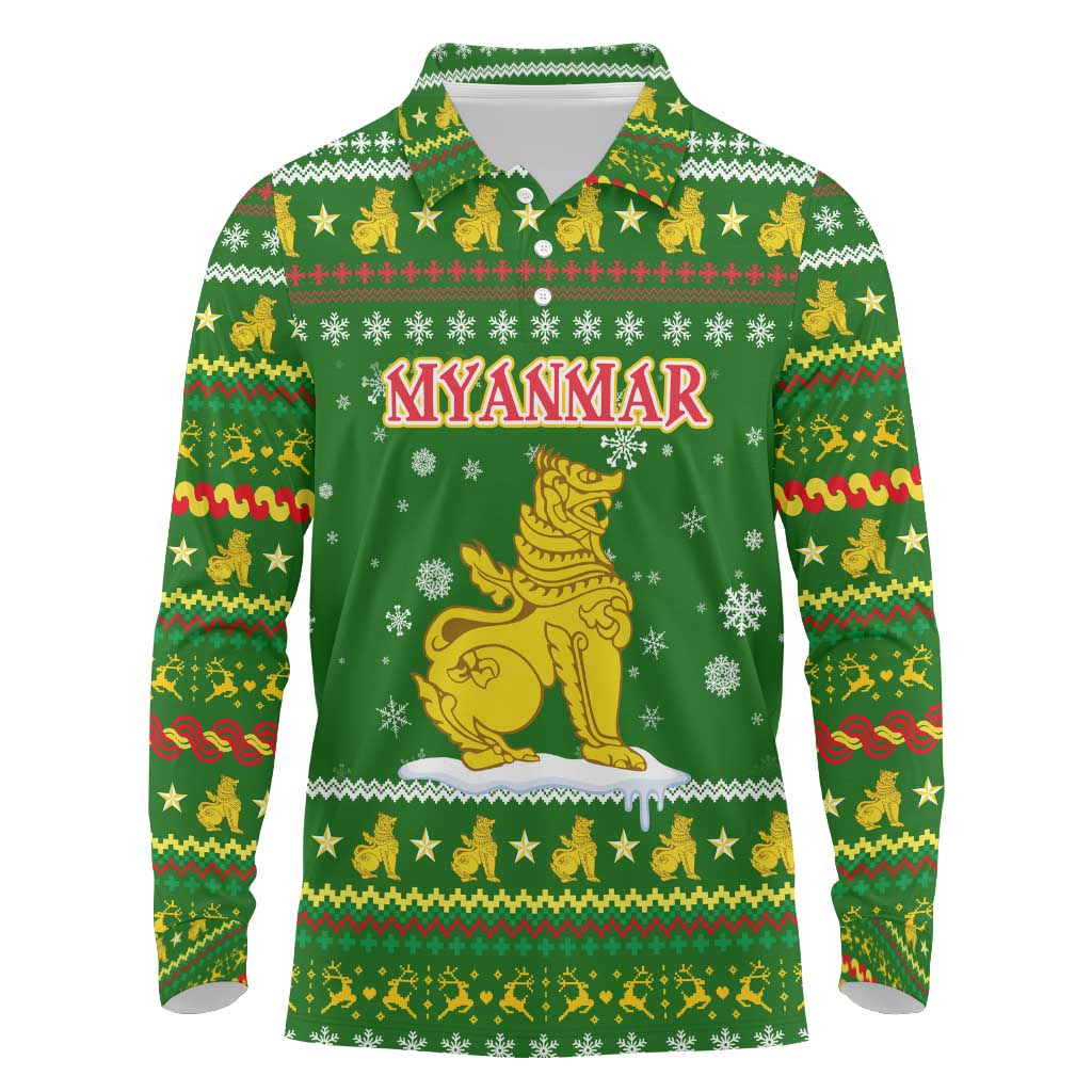 Myanmar Christmas Long Sleeve Polo Shirt with Green-Gold Theme, Chinthe Lion, and Santa Motif - Wonder Print Shop