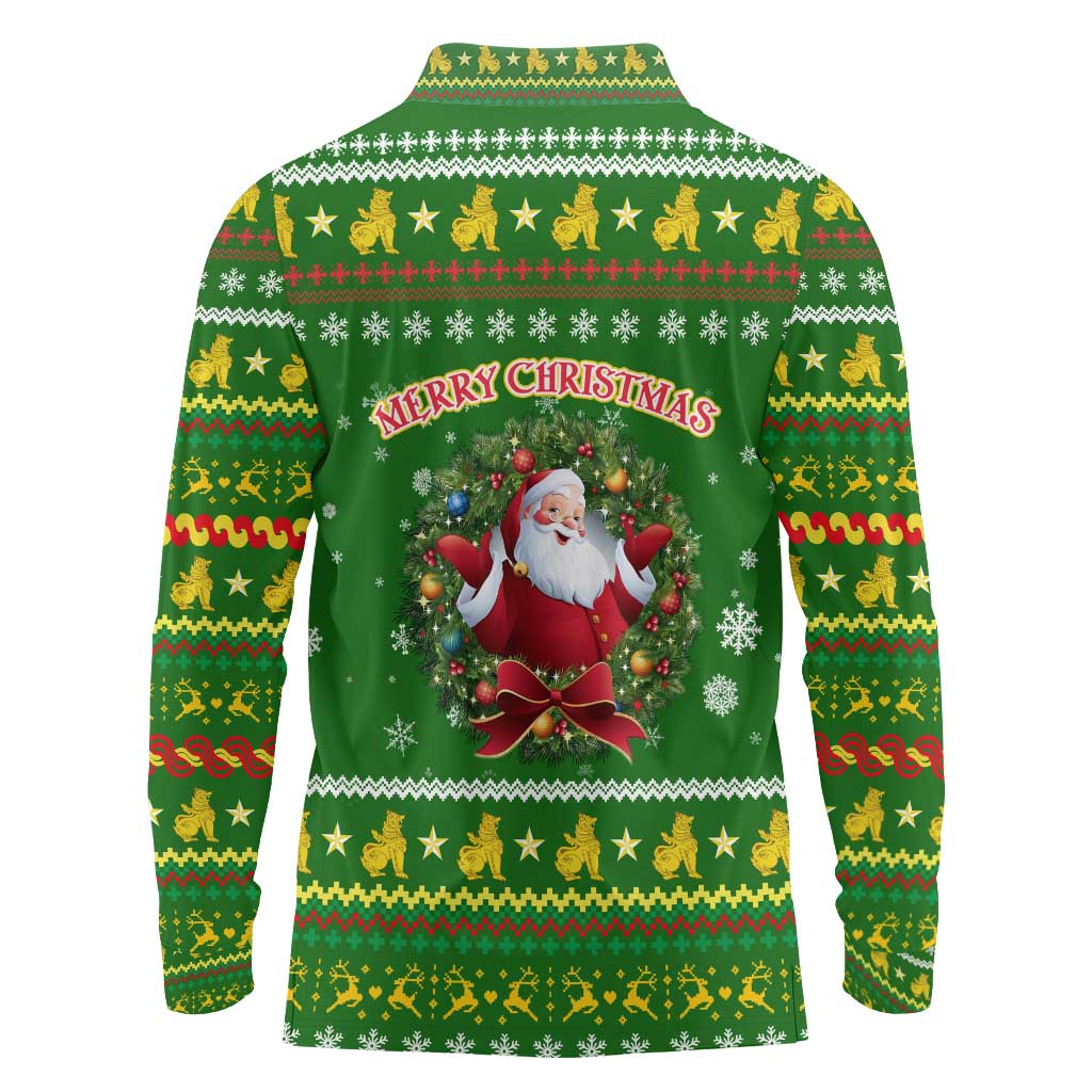 Myanmar Christmas Long Sleeve Polo Shirt with Green-Gold Theme, Chinthe Lion, and Santa Motif - Wonder Print Shop
