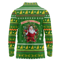 Myanmar Christmas Long Sleeve Polo Shirt with Green-Gold Theme, Chinthe Lion, and Santa Motif - Wonder Print Shop