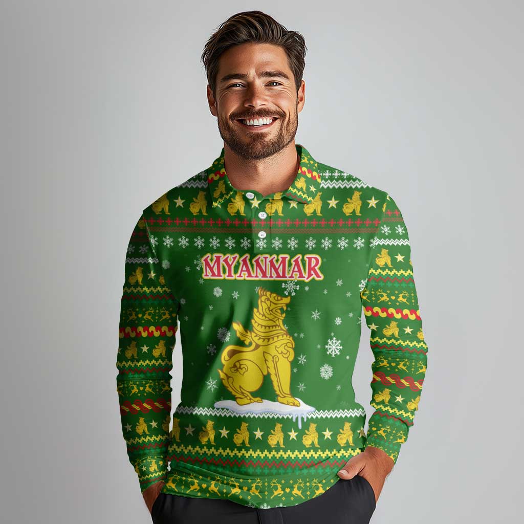 Myanmar Christmas Long Sleeve Polo Shirt with Green-Gold Theme, Chinthe Lion, and Santa Motif - Wonder Print Shop