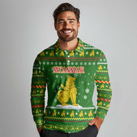 Myanmar Christmas Long Sleeve Polo Shirt with Green-Gold Theme, Chinthe Lion, and Santa Motif - Wonder Print Shop