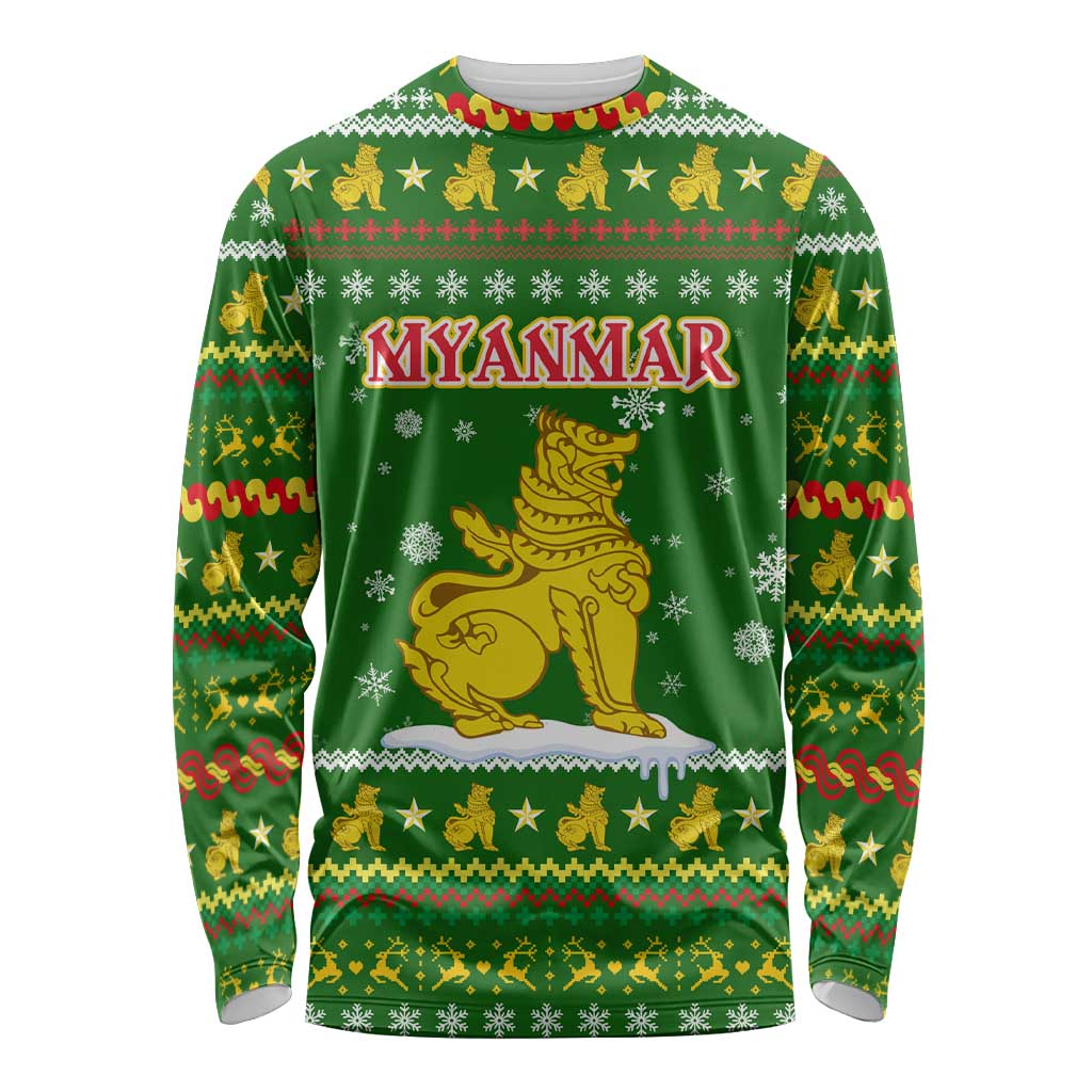 Myanmar Christmas Long Sleeve Shirt with Green-Gold Theme, Chinthe Lion, and Santa Motif - Wonder Print Shop