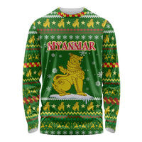 Myanmar Christmas Long Sleeve Shirt with Green-Gold Theme, Chinthe Lion, and Santa Motif - Wonder Print Shop