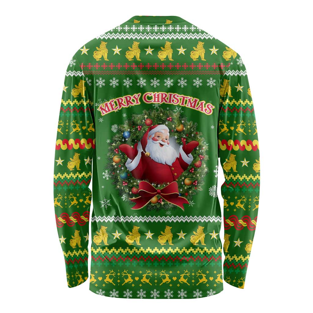 Myanmar Christmas Long Sleeve Shirt with Green-Gold Theme, Chinthe Lion, and Santa Motif - Wonder Print Shop