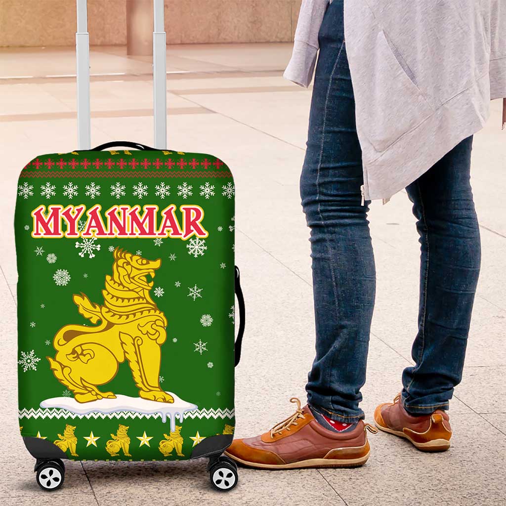 Myanmar Christmas Luggage Cover with Green-Gold Theme, Chinthe Lion, and Santa Motif - Wonder Print Shop