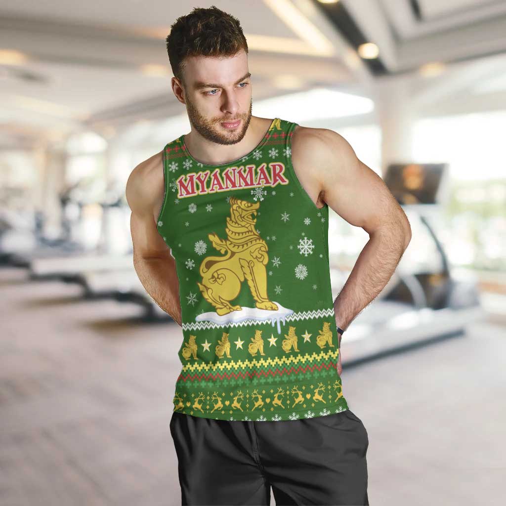 Myanmar Christmas Men Tank Top with Green-Gold Theme, Chinthe Lion, and Santa Motif - Wonder Print Shop