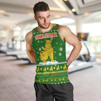 Myanmar Christmas Men Tank Top with Green-Gold Theme, Chinthe Lion, and Santa Motif - Wonder Print Shop