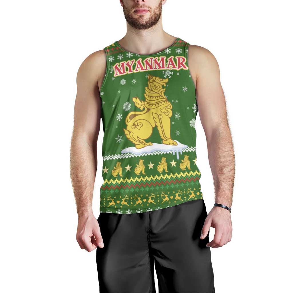 Myanmar Christmas Men Tank Top with Green-Gold Theme, Chinthe Lion, and Santa Motif - Wonder Print Shop