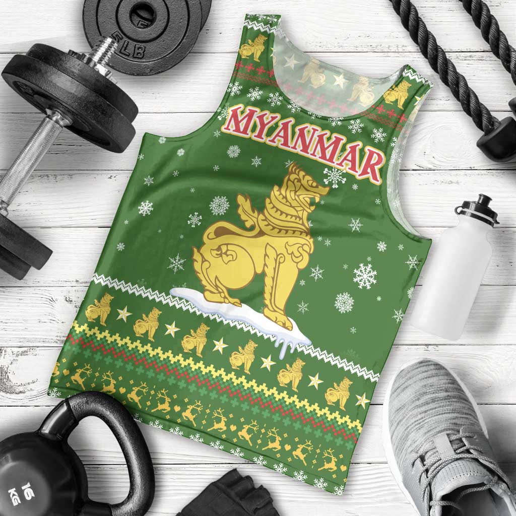 Myanmar Christmas Men Tank Top with Green-Gold Theme, Chinthe Lion, and Santa Motif - Wonder Print Shop