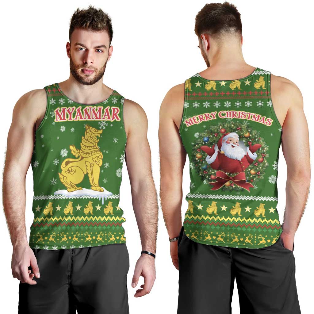 Myanmar Christmas Men Tank Top with Green-Gold Theme, Chinthe Lion, and Santa Motif - Wonder Print Shop