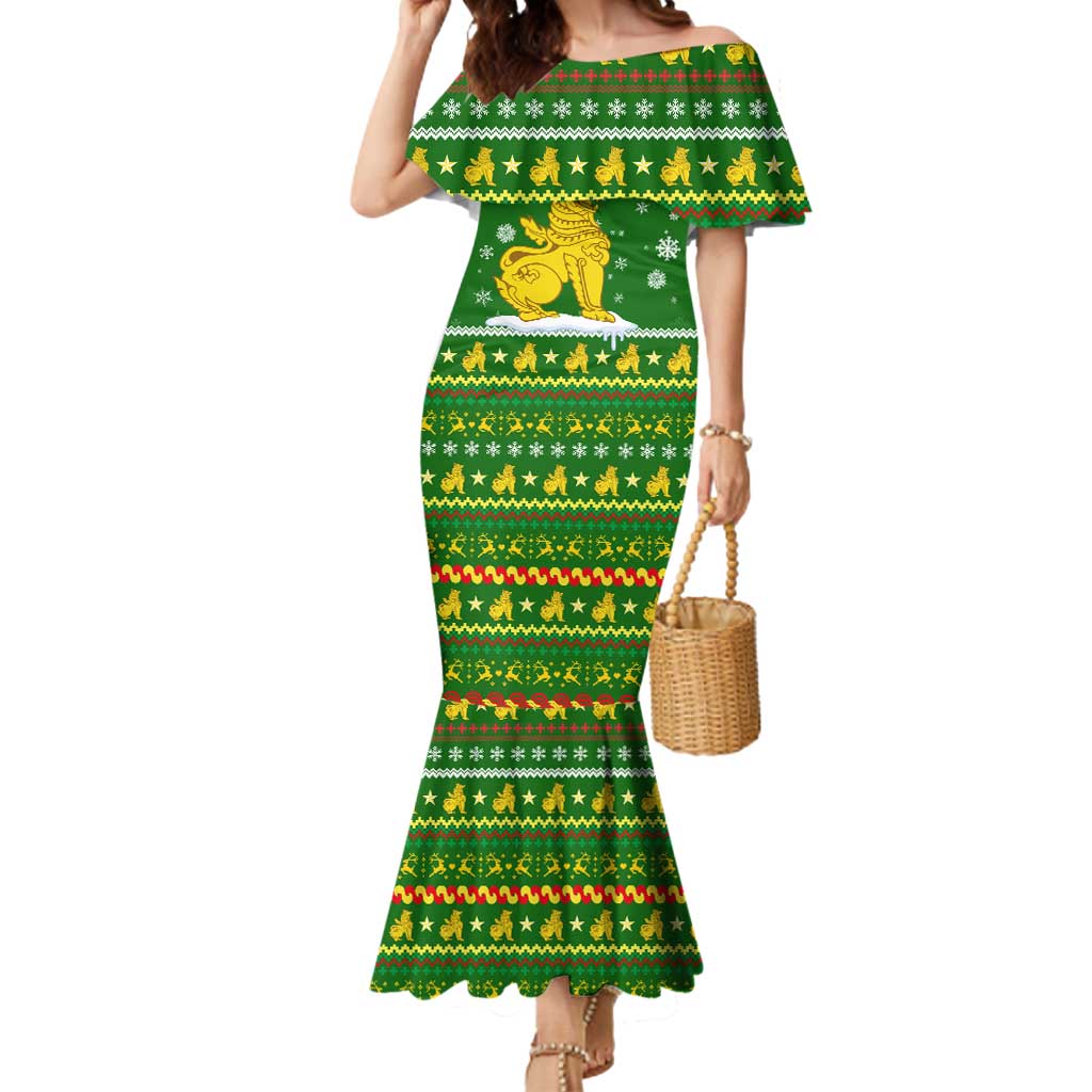 Myanmar Christmas Mermaid Dress with Green-Gold Theme, Chinthe Lion, and Santa Motif - Wonder Print Shop