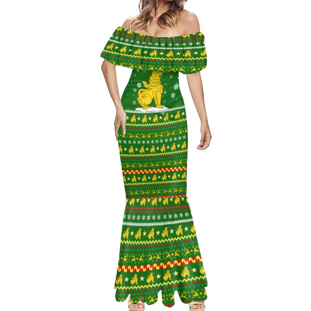Myanmar Christmas Mermaid Dress with Green-Gold Theme, Chinthe Lion, and Santa Motif - Wonder Print Shop