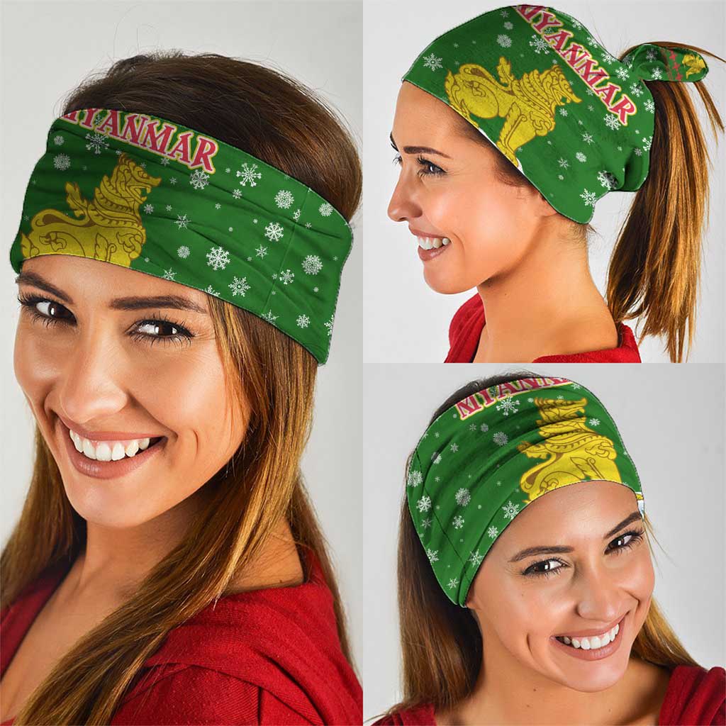 Myanmar Christmas Neck Gaiter with Green-Gold Theme, Chinthe Lion, and Santa Motif - Wonder Print Shop