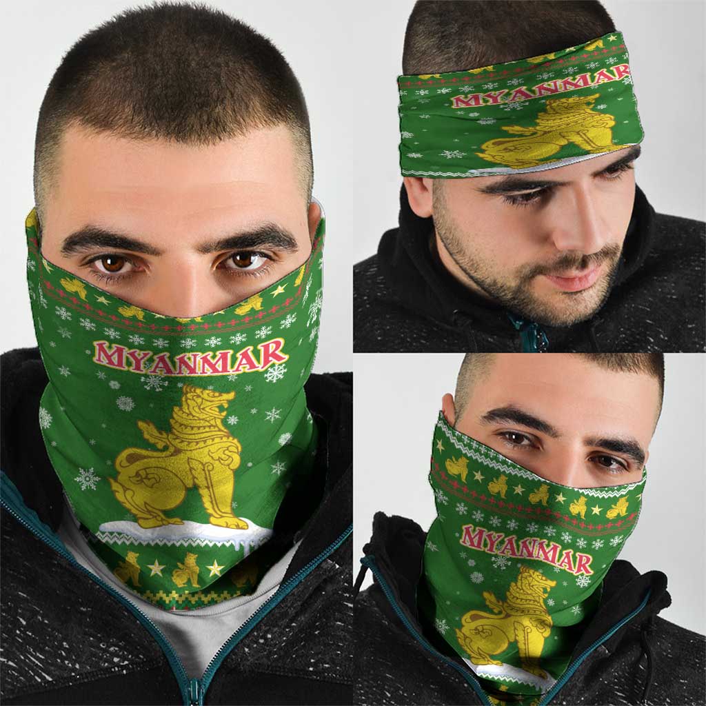Myanmar Christmas Neck Gaiter with Green-Gold Theme, Chinthe Lion, and Santa Motif - Wonder Print Shop