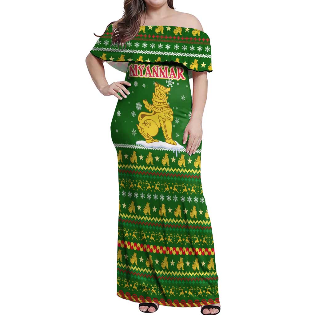 Myanmar Christmas Off Shoulder Maxi Dress with Green-Gold Theme, Chinthe Lion, and Santa Motif - Wonder Print Shop