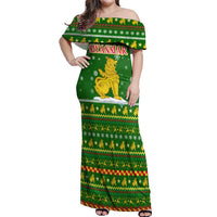 Myanmar Christmas Off Shoulder Maxi Dress with Green-Gold Theme, Chinthe Lion, and Santa Motif - Wonder Print Shop