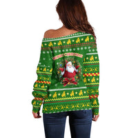Myanmar Christmas Off Shoulder Sweater with Green-Gold Theme, Chinthe Lion, and Santa Motif - Wonder Print Shop
