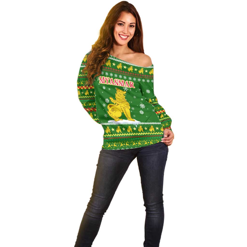 Myanmar Christmas Off Shoulder Sweater with Green-Gold Theme, Chinthe Lion, and Santa Motif - Wonder Print Shop