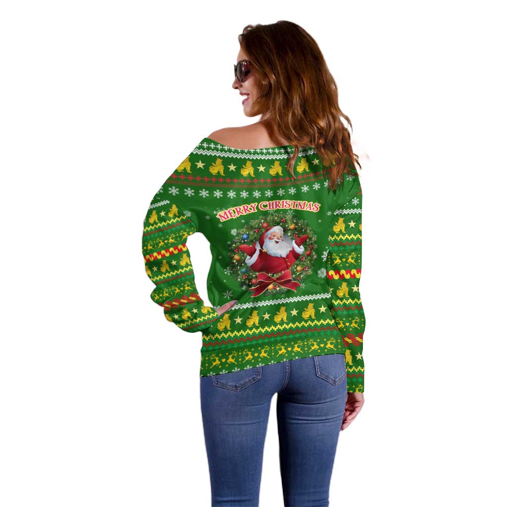 Myanmar Christmas Off Shoulder Sweater with Green-Gold Theme, Chinthe Lion, and Santa Motif - Wonder Print Shop
