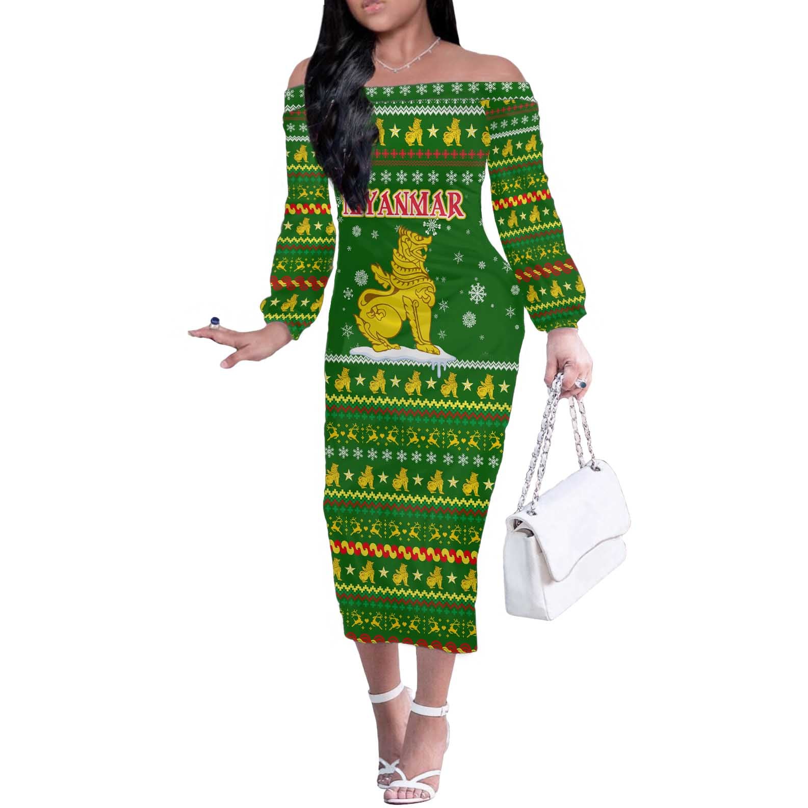 Myanmar Christmas Off The Shoulder Long Sleeve Dress with Green-Gold Theme, Chinthe Lion, and Santa Motif - Wonder Print Shop