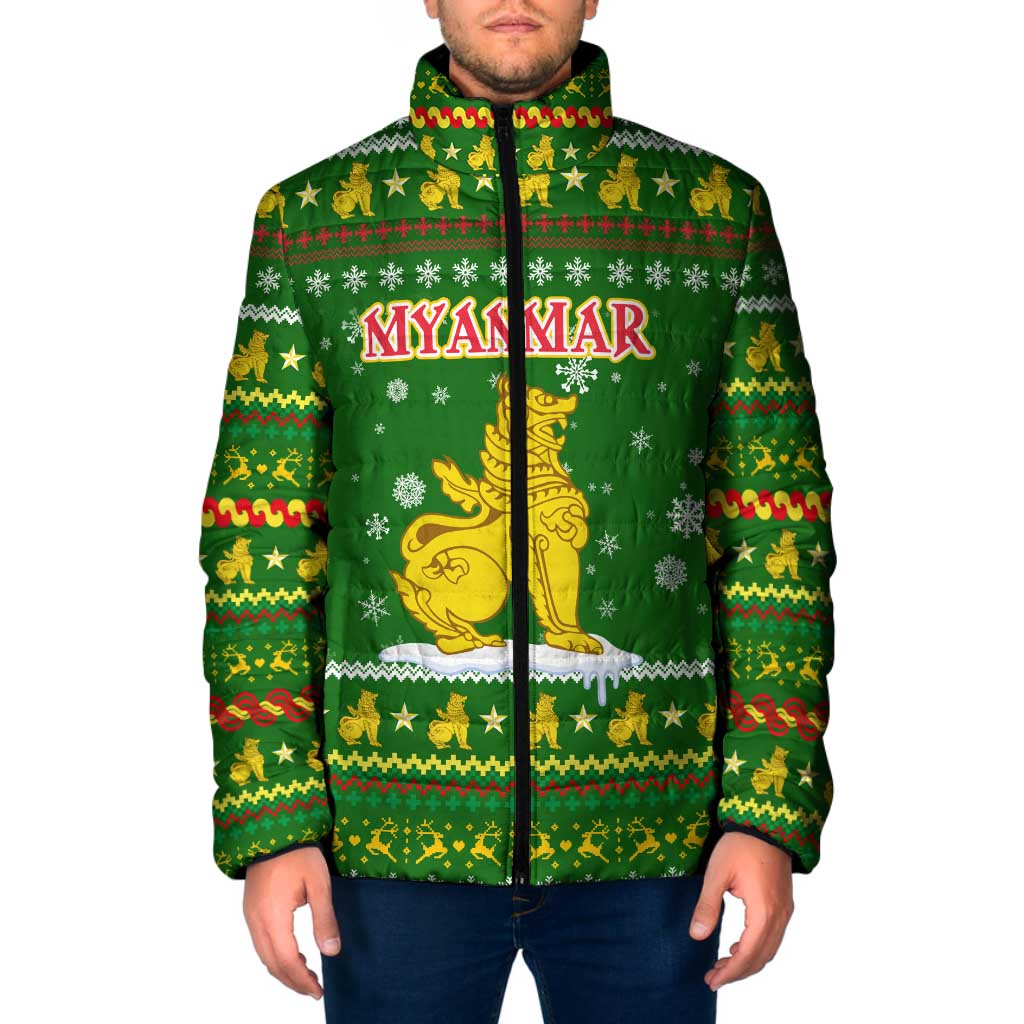 Myanmar Christmas Padded Jacket with Green-Gold Theme, Chinthe Lion, and Santa Motif - Wonder Print Shop