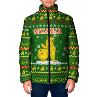 Myanmar Christmas Padded Jacket with Green-Gold Theme, Chinthe Lion, and Santa Motif - Wonder Print Shop