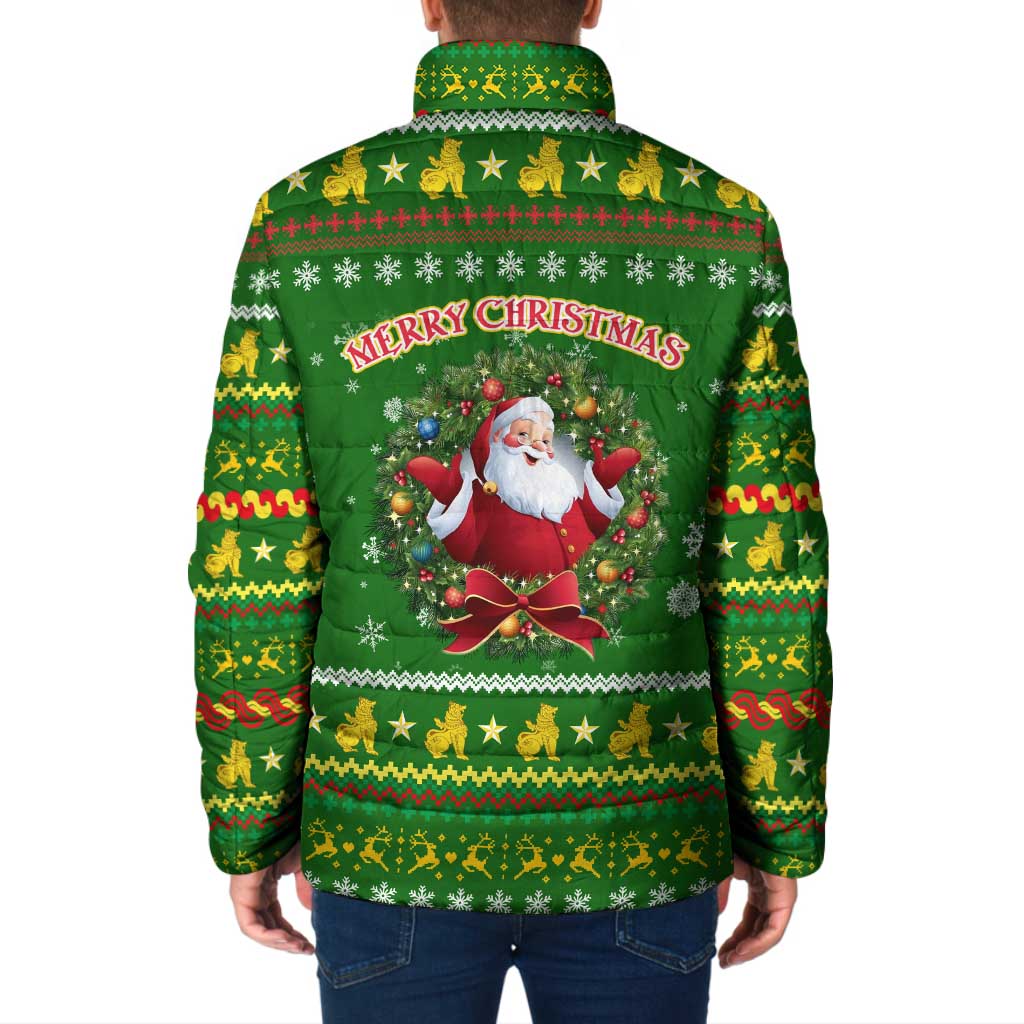 Myanmar Christmas Padded Jacket with Green-Gold Theme, Chinthe Lion, and Santa Motif - Wonder Print Shop